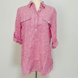 NWT Lauren Ralph Lauren Pink White Stripe Linen Blouse Tunic M Roll Tab Sleeve